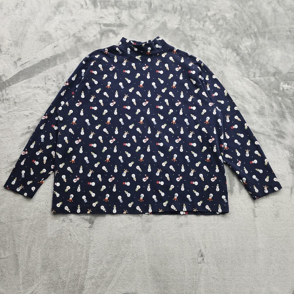 St Johns Bay Top Womens 1X Blue Snowman Print Turtleneck Long Sleeves Christmas